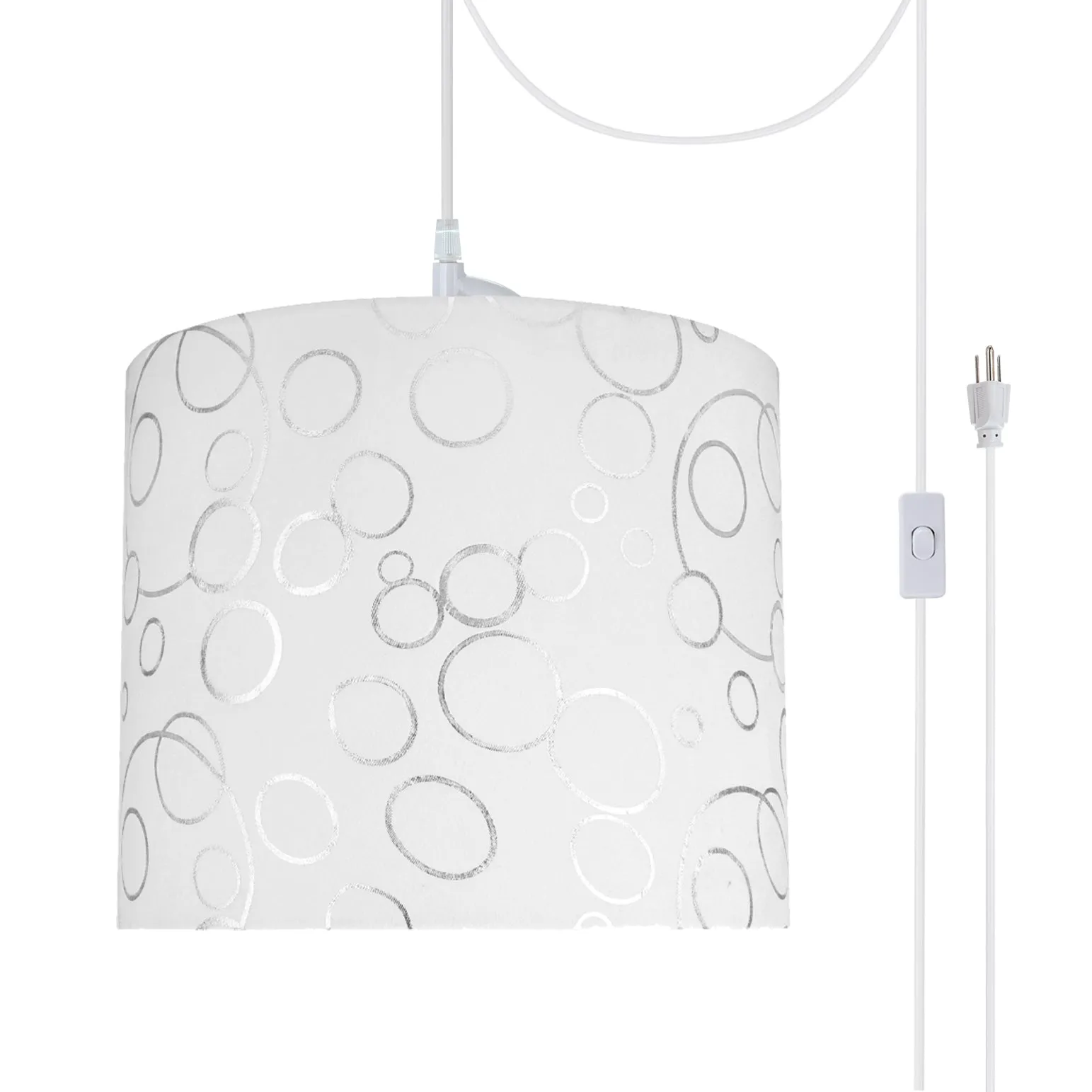 # 71088-21 One-Light Plug-In Swag Pendant Light Conversion Kit with Transitional Drum Fabric Lamp Shade, White, 12" width