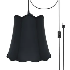 # 74063-21 Two-Light Plug-In Swag Pendant Light Conversion Kit with Transitional Scallop Bell Fabric Lamp Shade, Black, 16" width