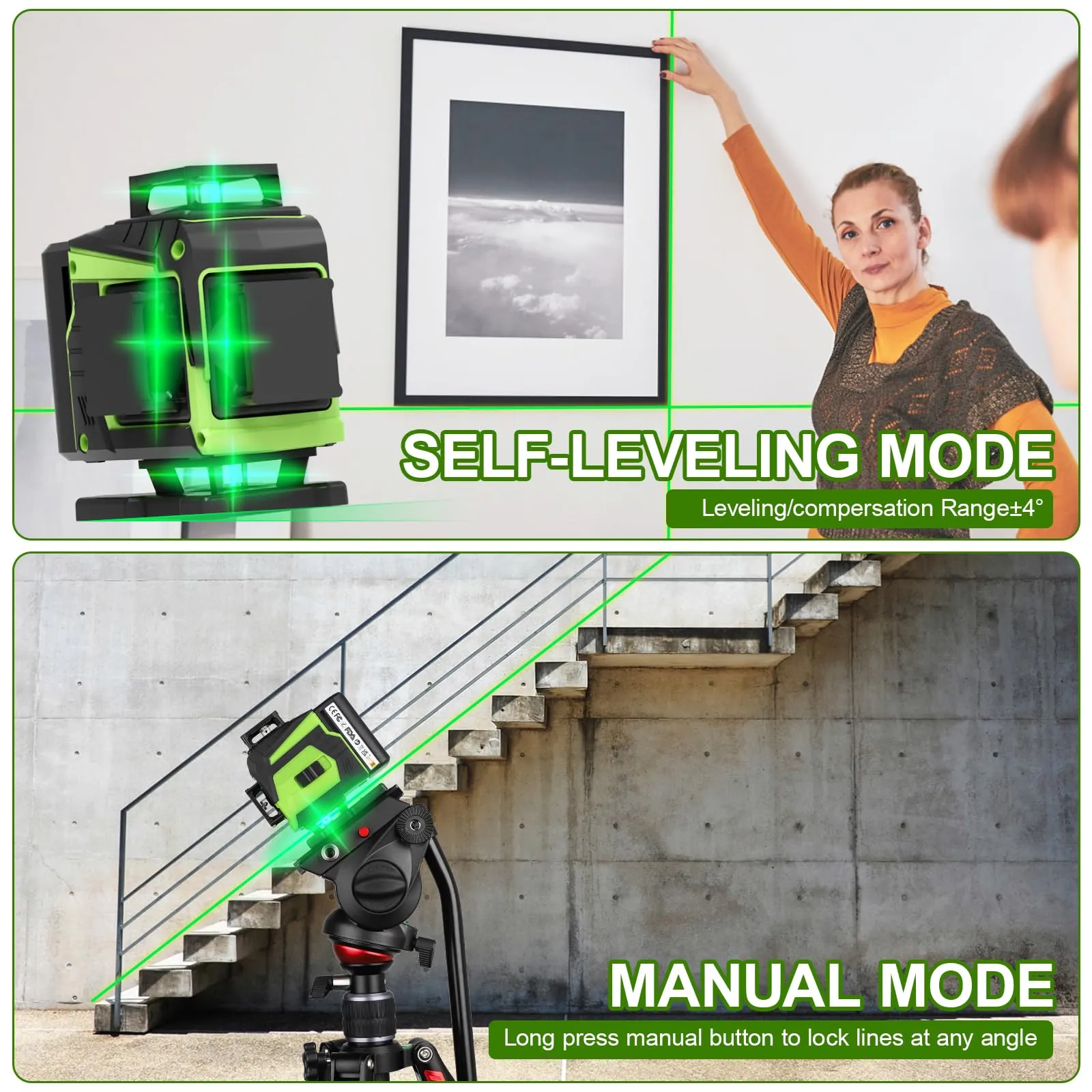 16 Lines Laser Level Self Leveling, 4x360°Professional 4D Green Cross Line laser Level for Construction and Picture Hanging with 2 Batteries, Adjustable brightness & Remote Control