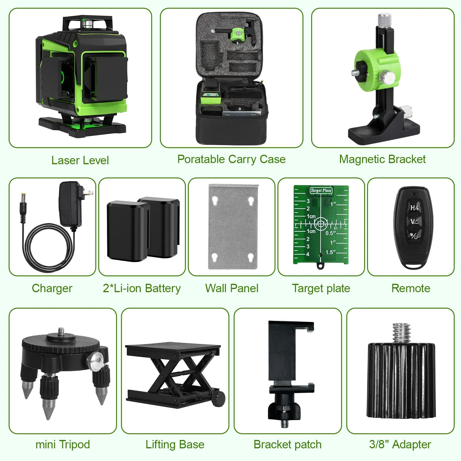 16 Lines Laser Level Self Leveling, 4x360°Professional 4D Green Cross Line laser Level for Construction and Picture Hanging with 2 Batteries, Adjustable brightness & Remote Control