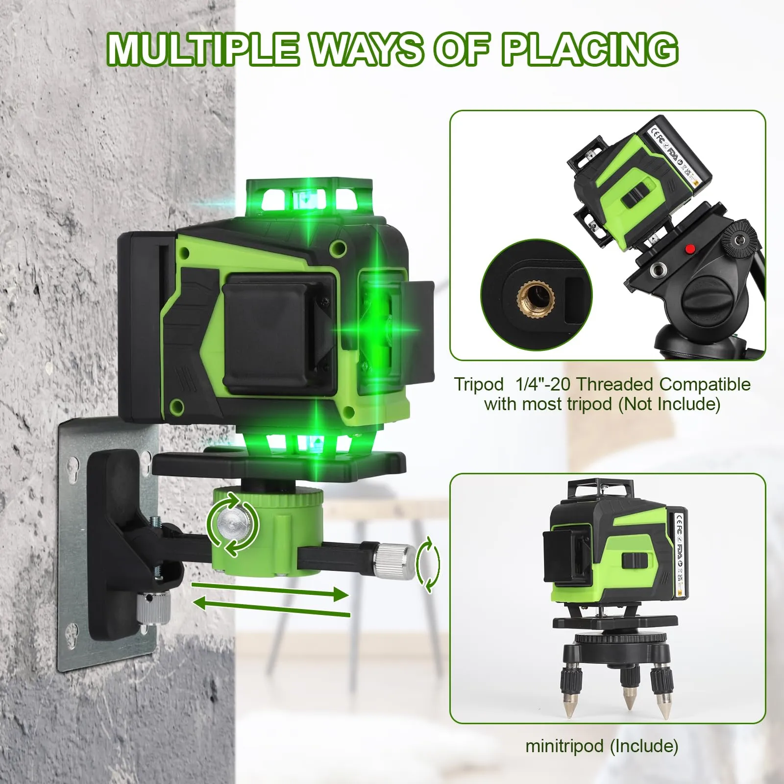 16 Lines Laser Level Self Leveling, 4x360°Professional 4D Green Cross Line laser Level for Construction and Picture Hanging with 2 Batteries, Adjustable brightness & Remote Control