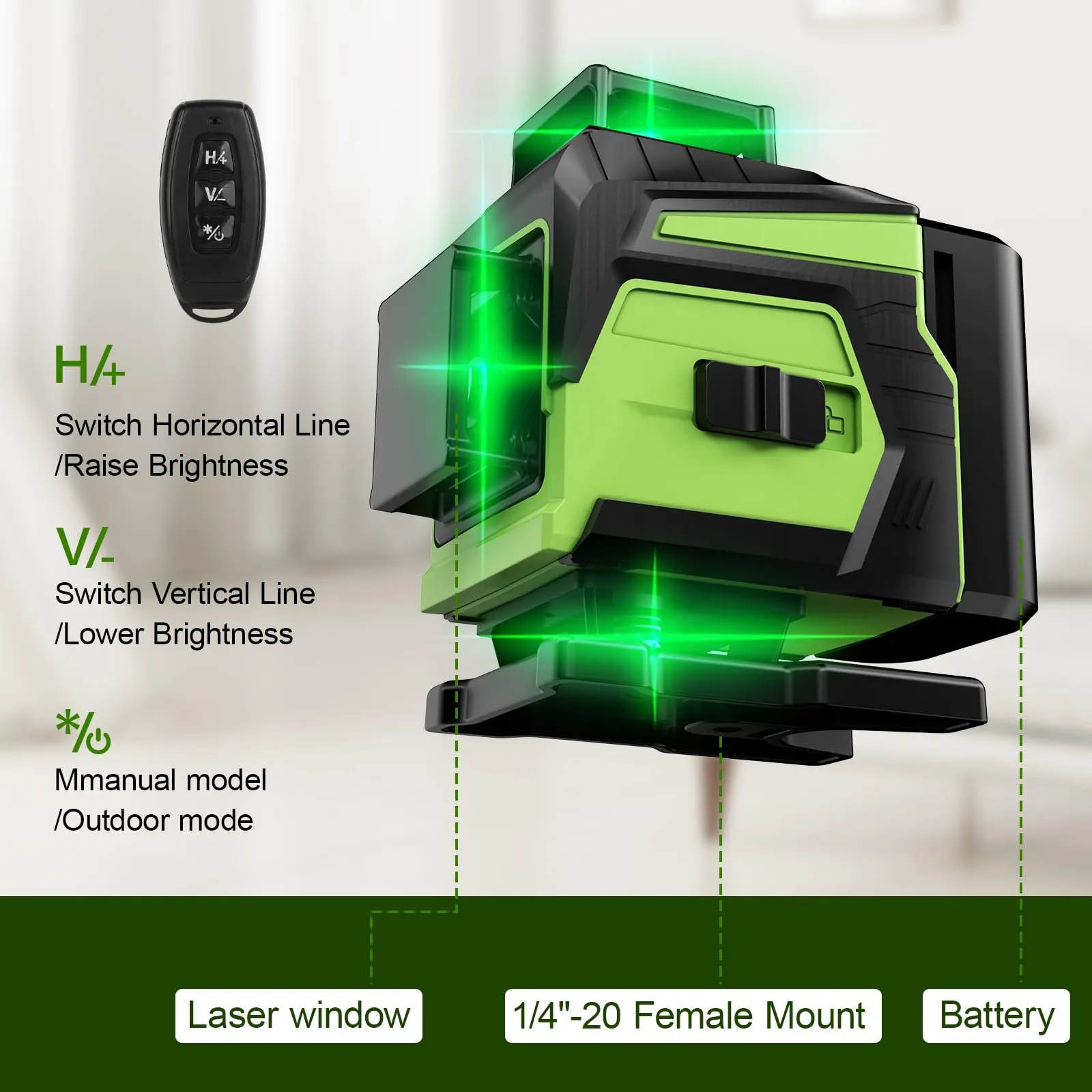 16 Lines Laser Level Self Leveling, 4x360°Professional 4D Green Cross Line laser Level for Construction and Picture Hanging with 2 Batteries, Adjustable brightness & Remote Control