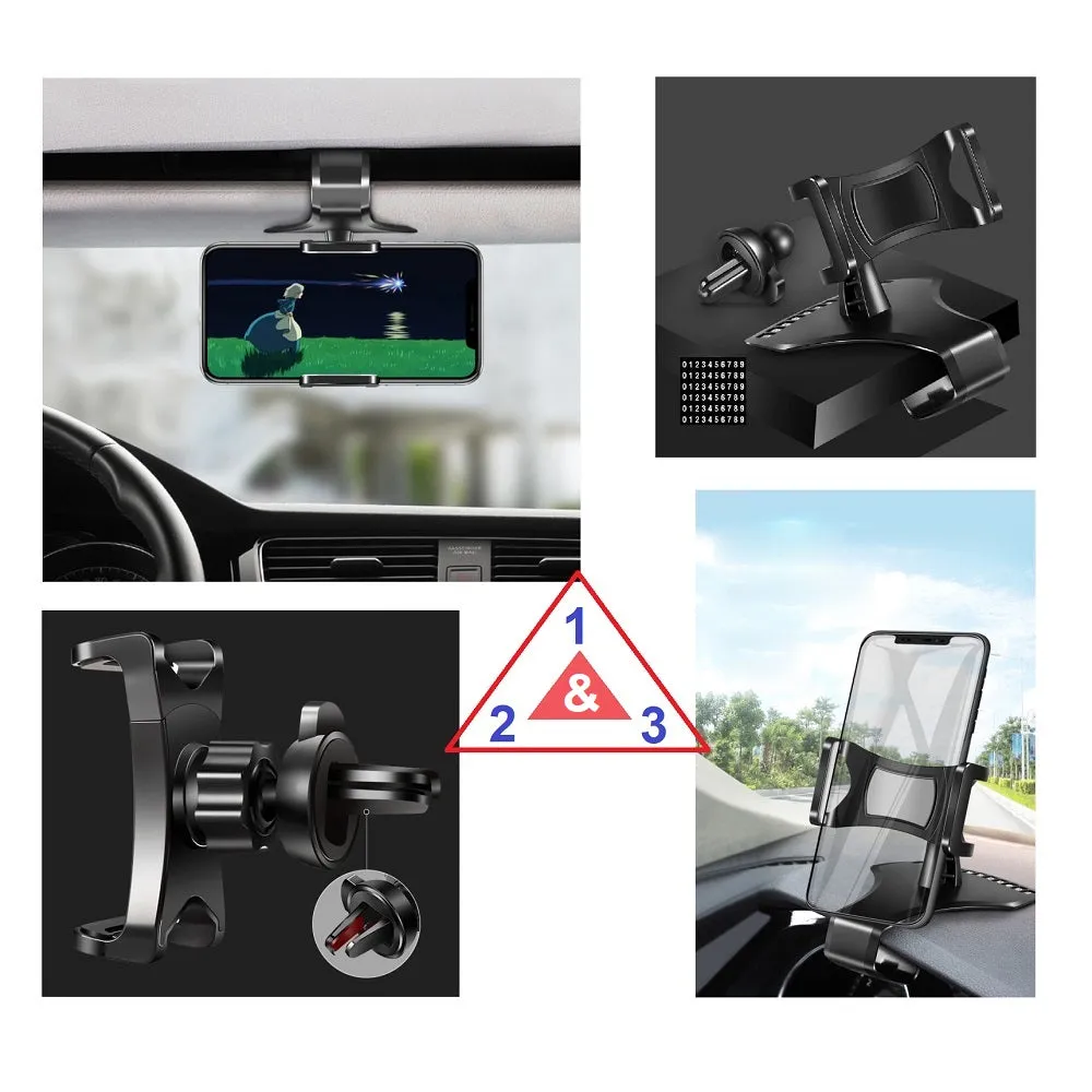3 in 1 Car GPS Smartphone Holder: Dashboard / Visor Clamp   AC Grid Clip for Telefunken Outdoor LTE - Black