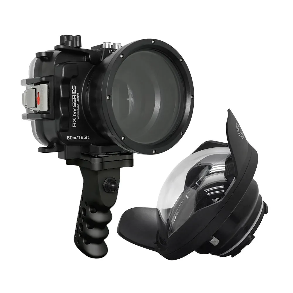 60M/195FT Waterproof housing for Sony RX1xx series Salted Line with Aluminium Pistol Grip & 6" Optical Glass Dry Dome Port (Black)