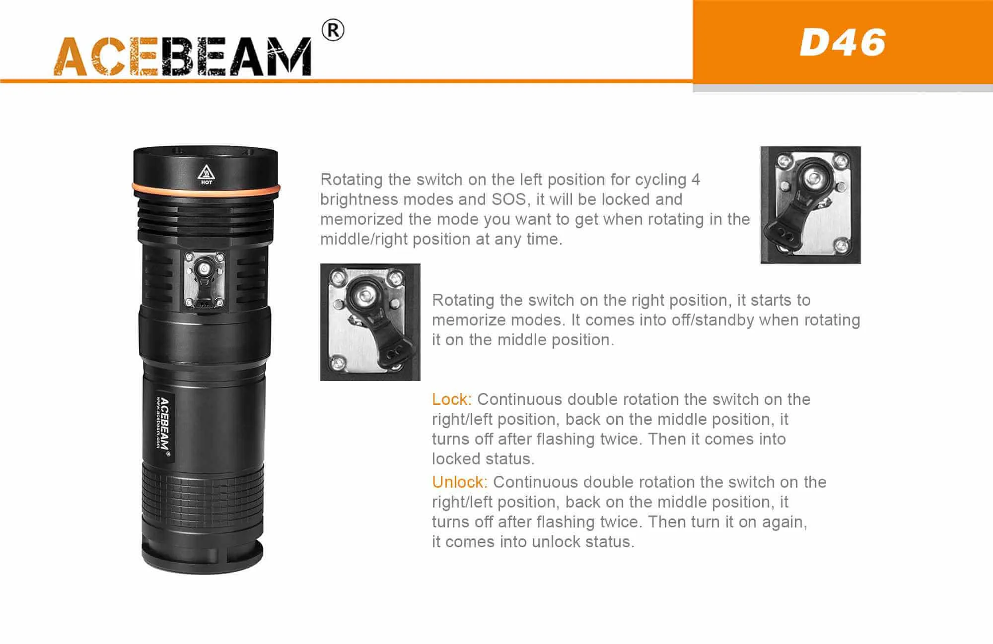 Acebeam D46 Dive light - 5200 lumens with 4 x Eagtac 18650 3400 mAh batteries