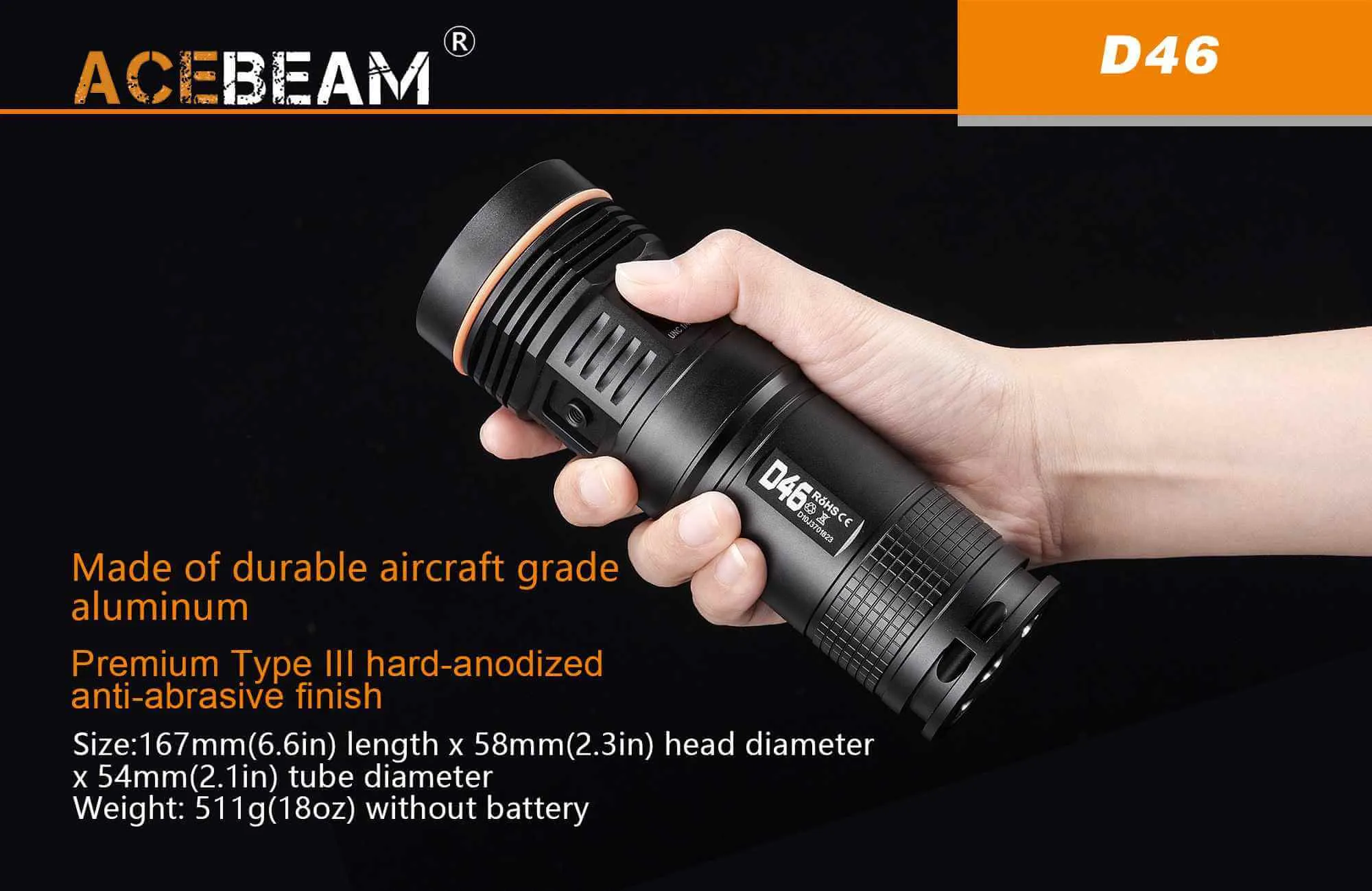 Acebeam D46 Dive light - 5200 lumens with 4 x Eagtac 18650 3400 mAh batteries
