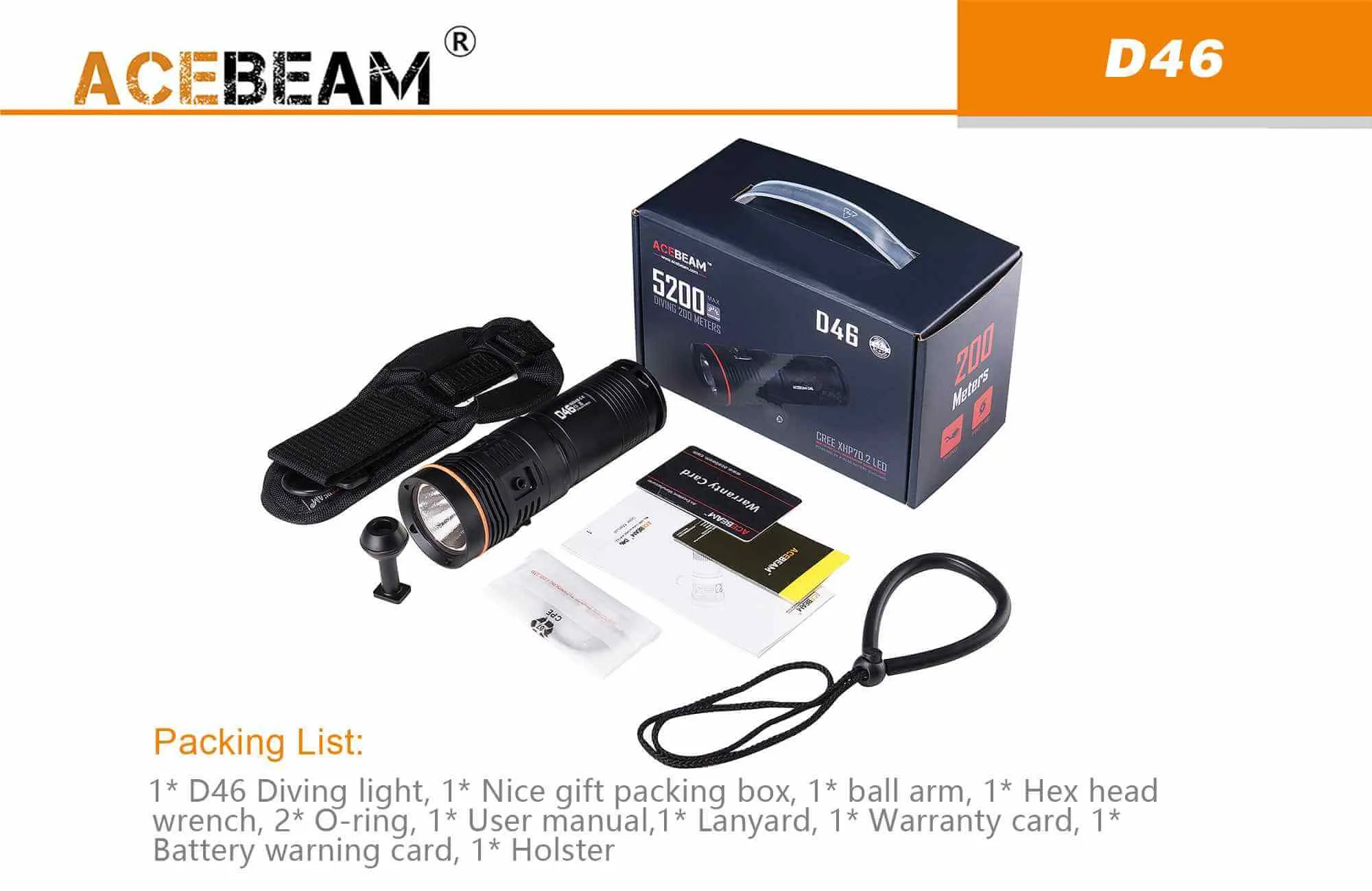 Acebeam D46 Dive light - 5200 lumens with 4 x Eagtac 18650 3400 mAh batteries