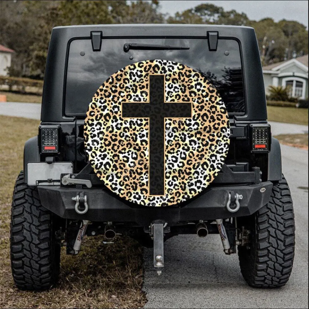 Cross Jesus Leopard Skin Car Spare Tire Cover Gift For Campers