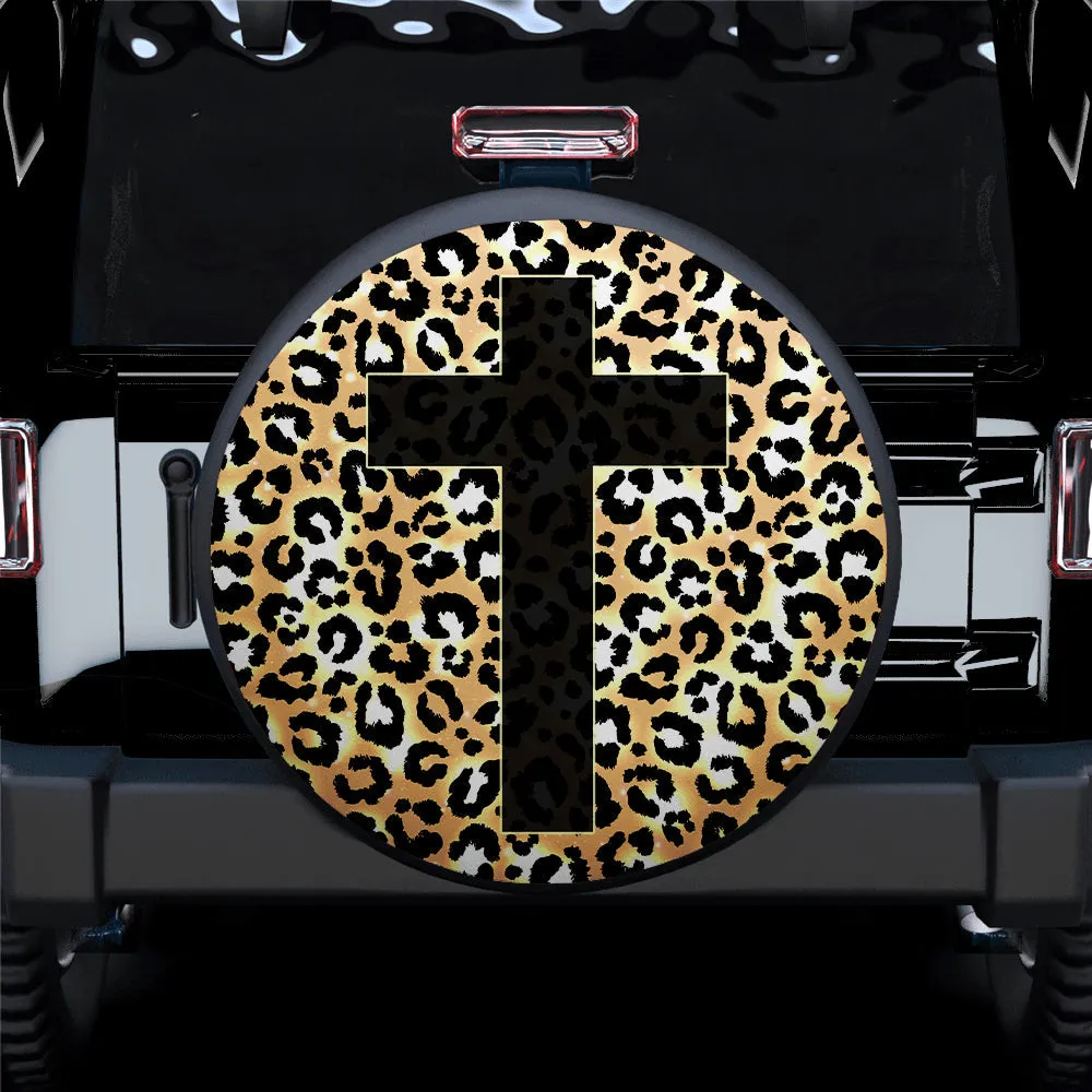 Cross Jesus Leopard Skin Car Spare Tire Cover Gift For Campers