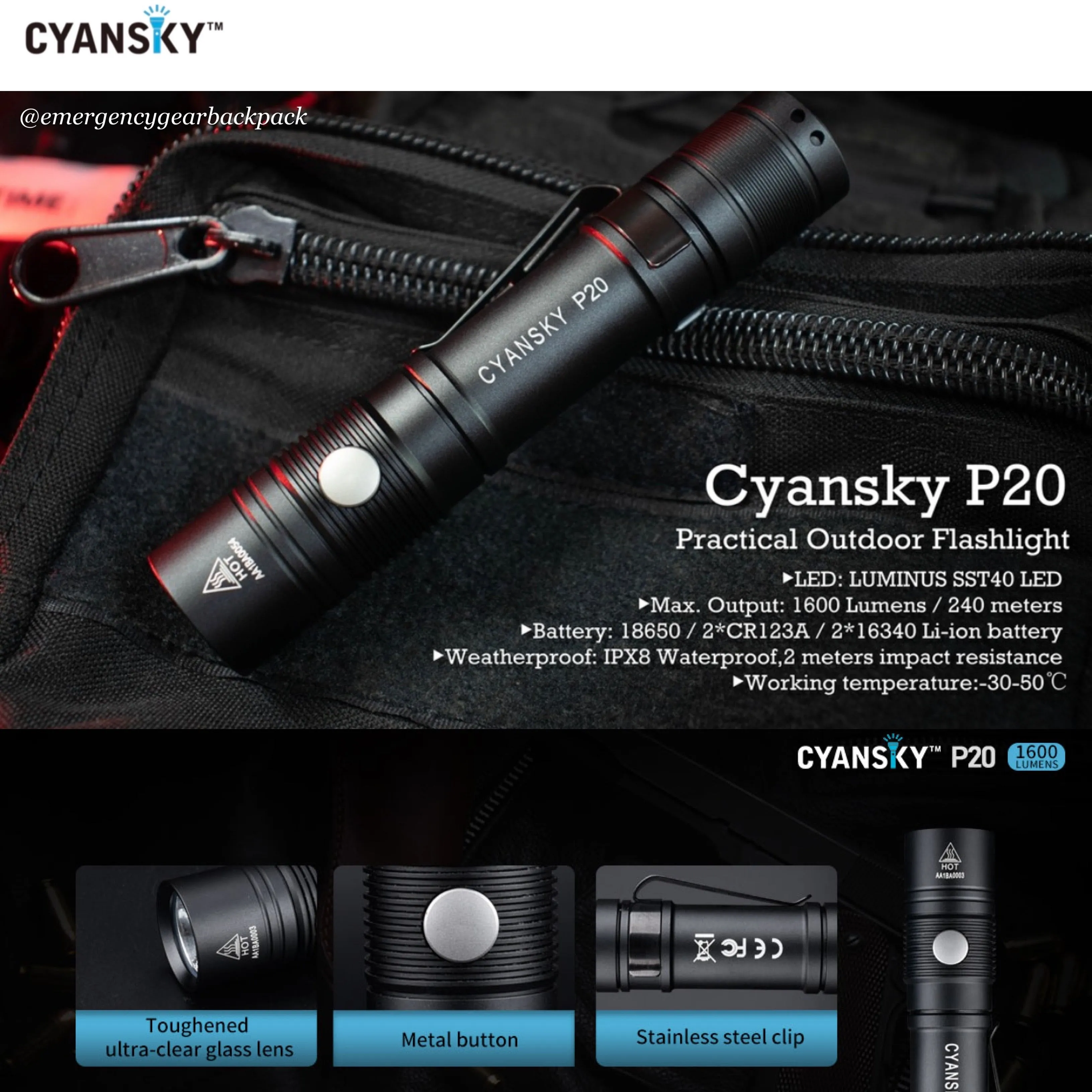 Cyansky P20 EDC Flashlight 1600LMS 240M