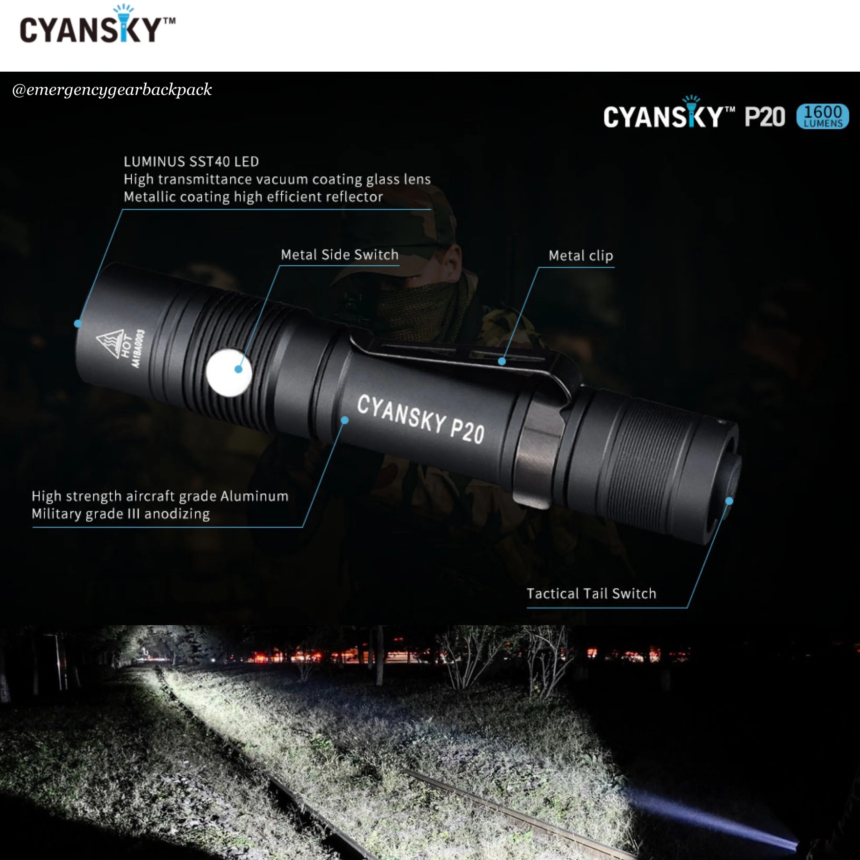 Cyansky P20 EDC Flashlight 1600LMS 240M