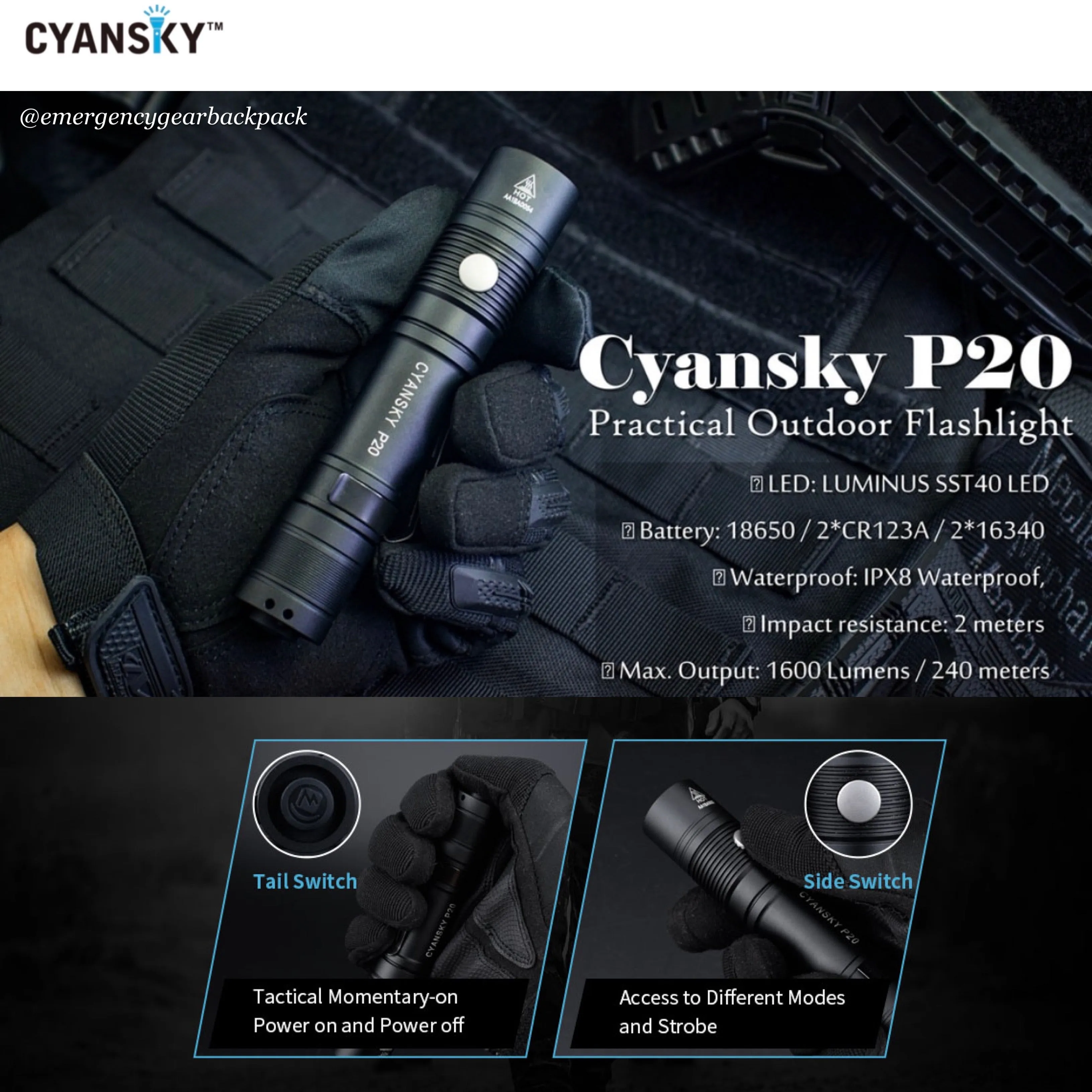 Cyansky P20 EDC Flashlight 1600LMS 240M