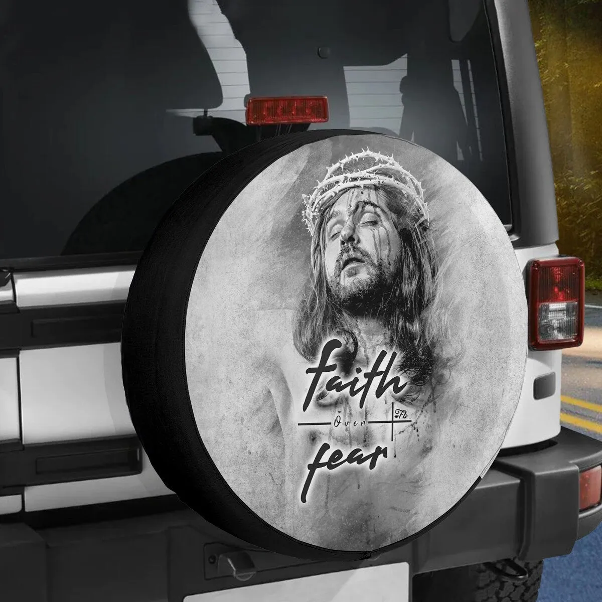 Faith Over Fear Cover - Jesus God Wrap - Black White Jesus Art Cover - Christian Wrap - Decor Cover Spare Tire Cover