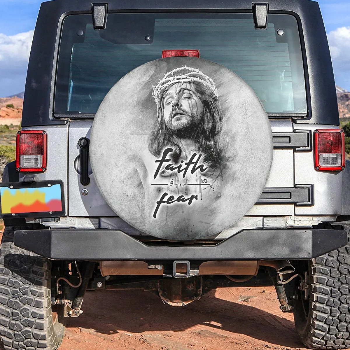 Faith Over Fear Cover - Jesus God Wrap - Black White Jesus Art Cover - Christian Wrap - Decor Cover Spare Tire Cover