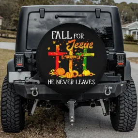 Fall For Jesus He Never Leaves - Spare Tire Cover - Cross Autumn Wheel Cover Autumn Pumpkin Sunflower