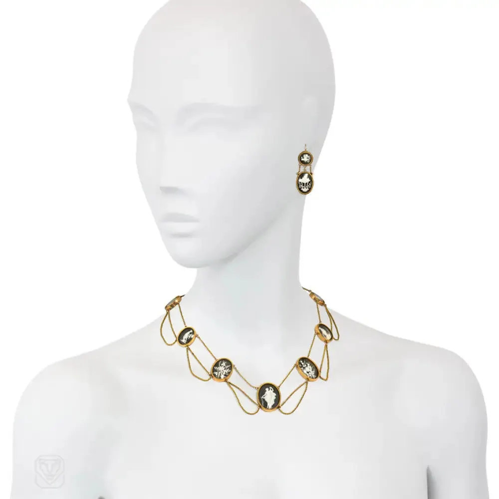 Georgian carved bone, ebony, and gold demi-parure
