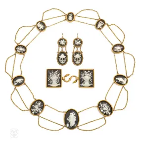 Georgian carved bone, ebony, and gold demi-parure