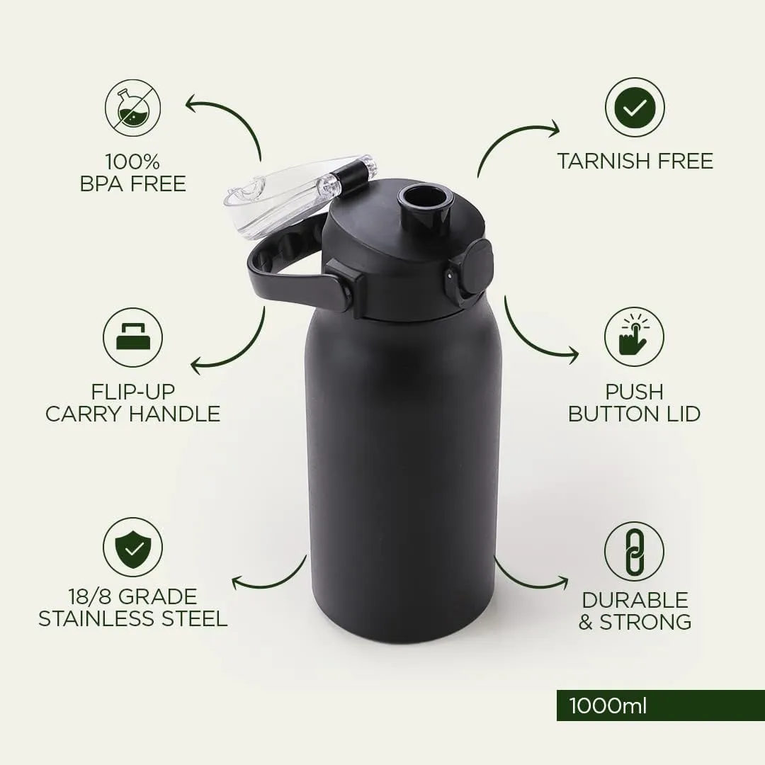 Homestic Water Bottle | Vacuum Insulated Travel Bottle | Hot & Cold Water Bottle | Sipper Lid & Handle Water Bottle | 1000 ML | Pack of 2 | HH-22111A | Blue
