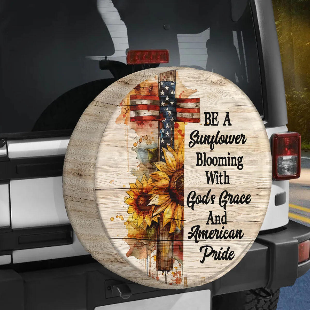 Jesus Cross Sunflower  Blooming With God's Grace Spare Tire Cover - Christian Tire Cover