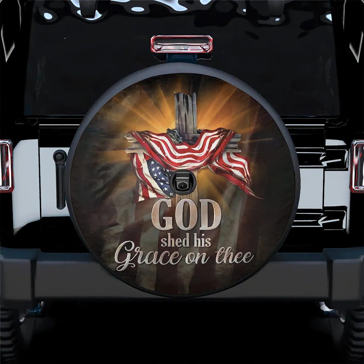 Jesus Cross Usa Flag Spare Tire Cover - God Shed His Grace On Thee Patriotic Christian Car Decor - God Bless America