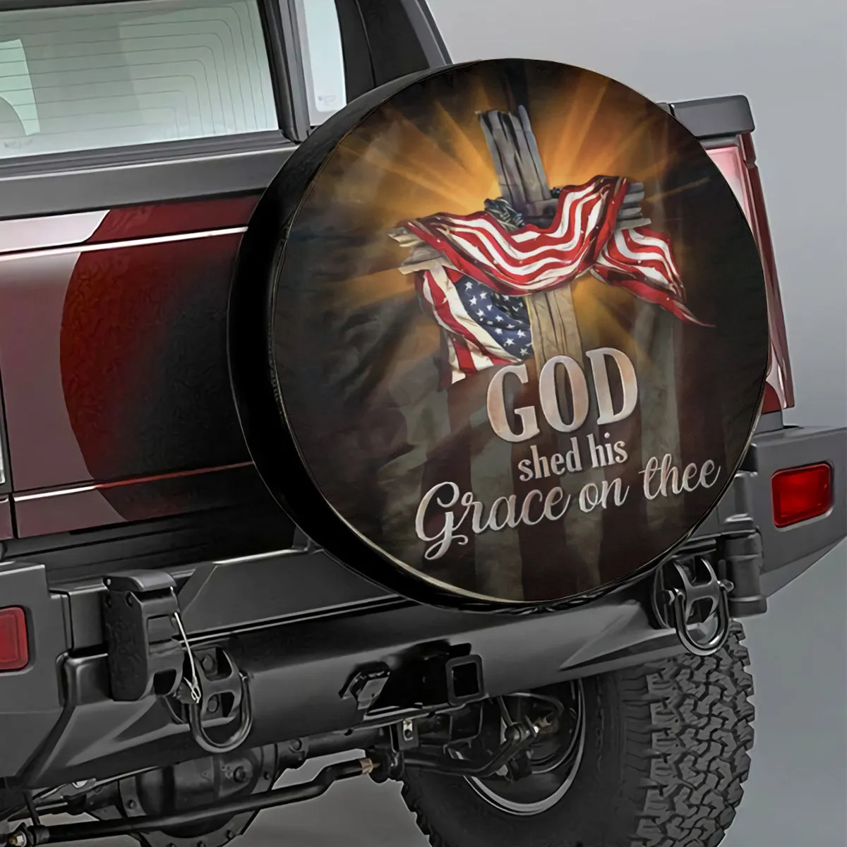 Jesus Cross Usa Flag Spare Tire Cover - God Shed His Grace On Thee Patriotic Christian Car Decor - God Bless America