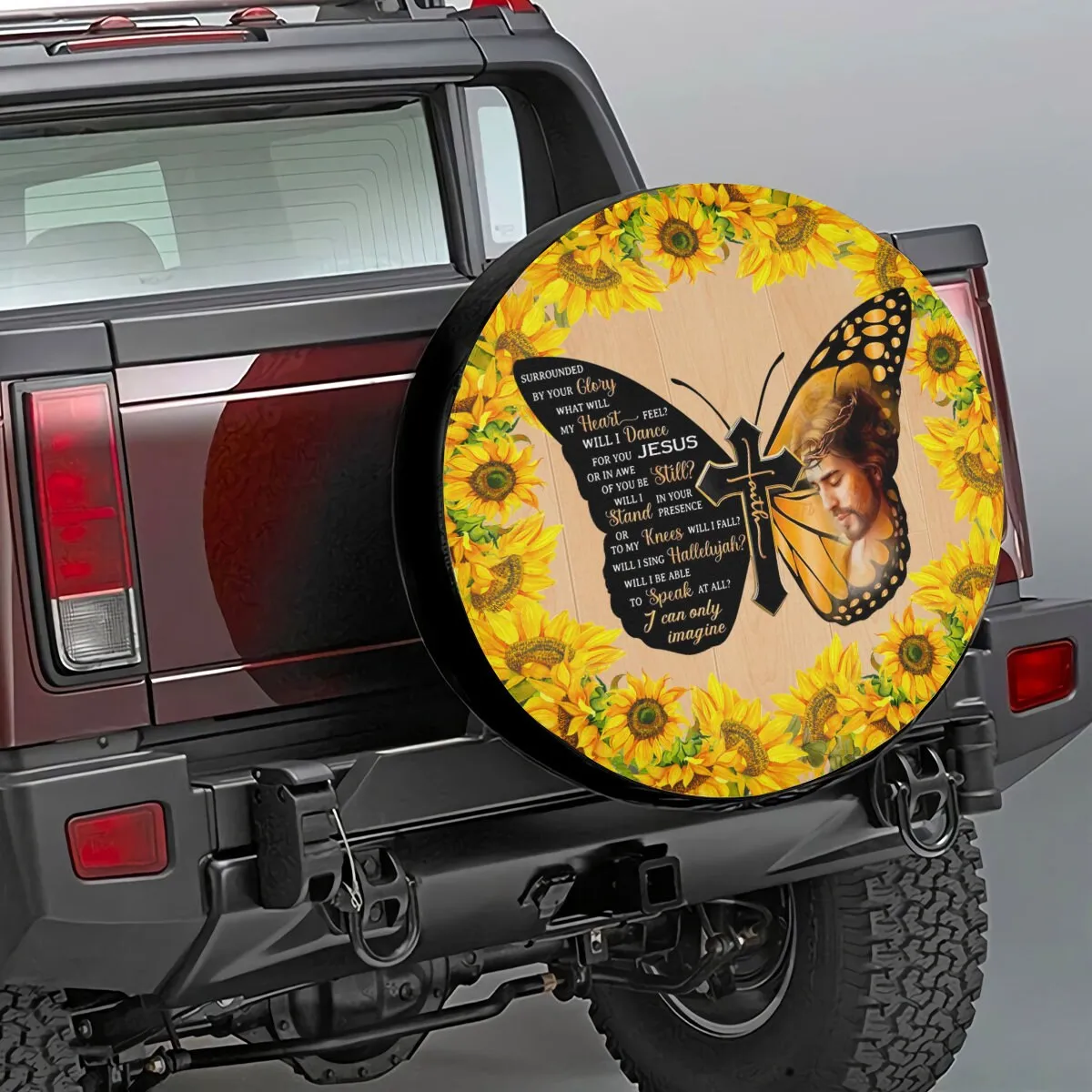 Jesus God Sunflower Tire Cover - Christ Cross Faith Tire Cover - Christian Tire Cover