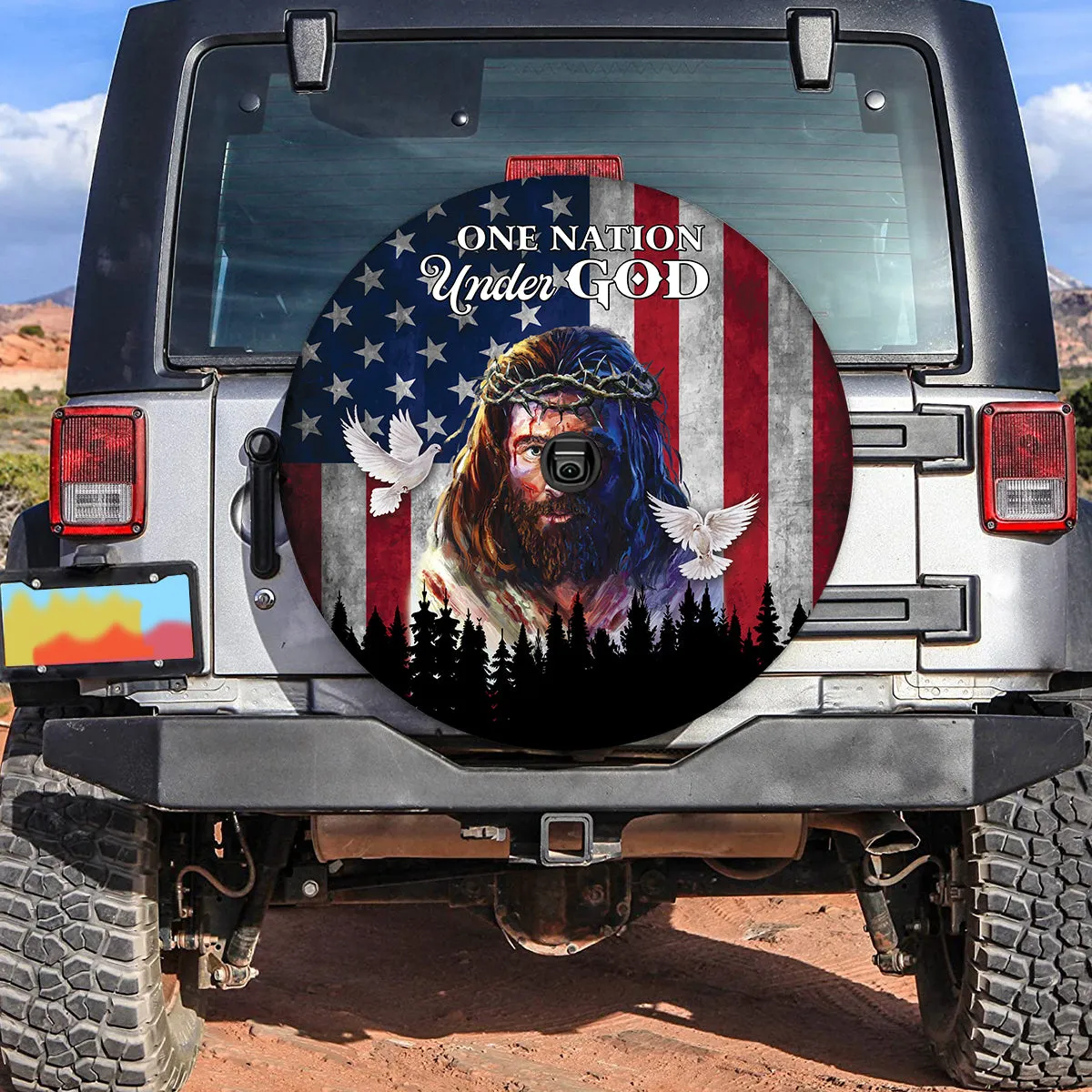 Jesus Painting Spare Tire Cover - One Nation Under God American Flag Wheel Cover - Durable Tire Protector