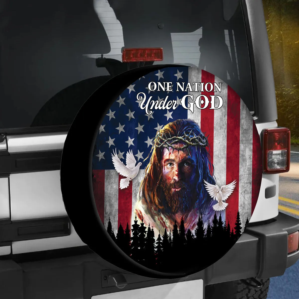 Jesus Painting Spare Tire Cover - One Nation Under God American Flag Wheel Cover - Durable Tire Protector