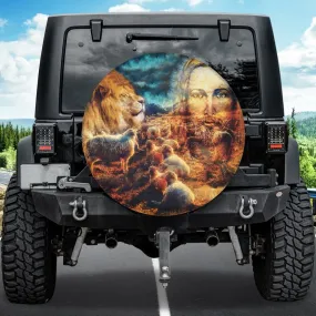 Jesus The Good Shepherd Tire Cover - Jesus And Lambs And Lion - God Power Lion Tire Cover