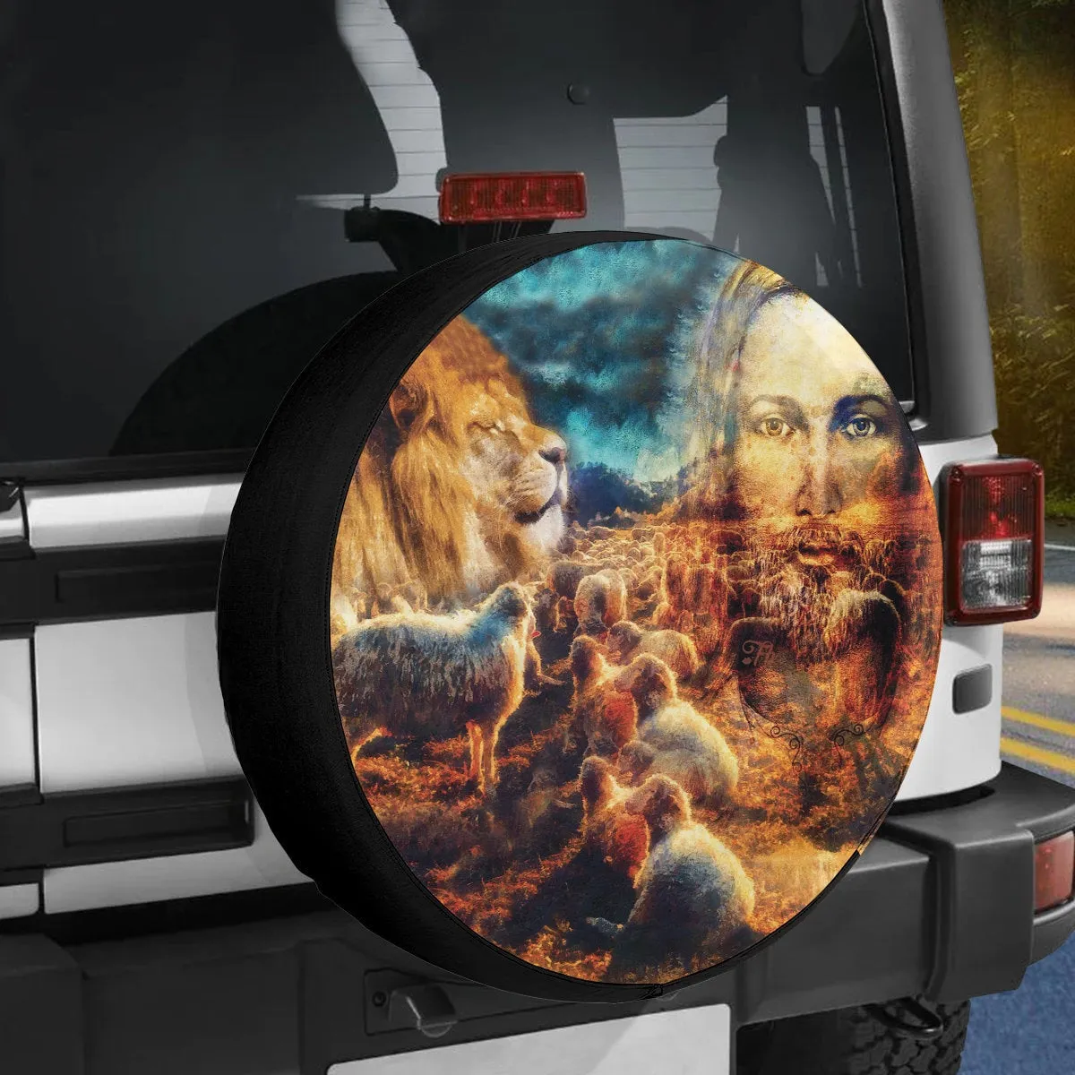 Jesus The Good Shepherd Tire Cover - Jesus And Lambs And Lion - God Power Lion Tire Cover