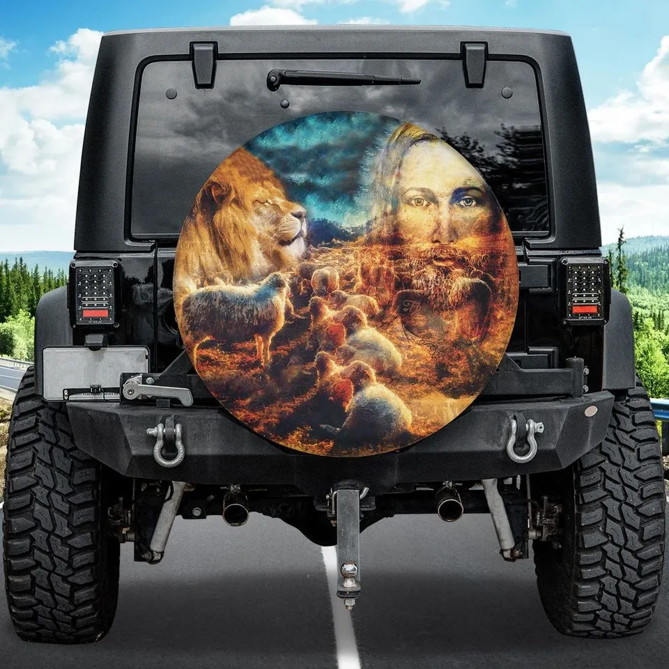 Jesus The Good Shepherd Tire Cover - Jesus And Lambs And Lion - God Power Lion Tire Cover