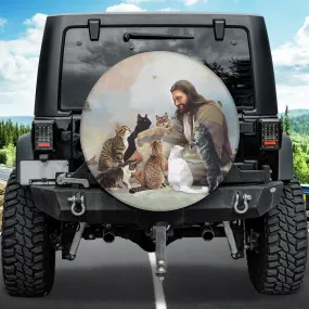 Jesus With Cats Spare Tire Cover - Jesus Saved My Life Jesus Christ The God Car Tire Protector
