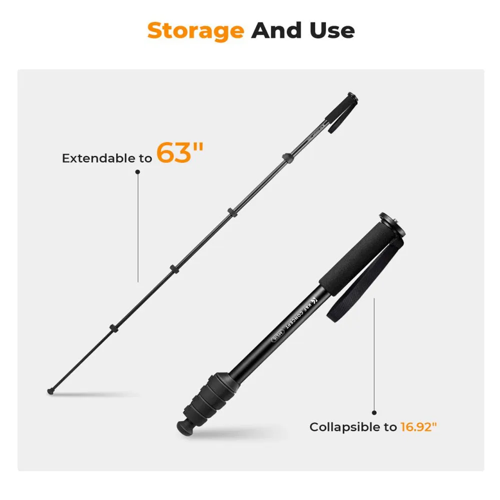 K&F Concept 63" / 160cm 5-Section Camera Monopod Stick with 10KG Maximum Load Capacity and 1/4" Attachment Thread for FUJIFILM Sony Canon Nikon Panasonic Lumix Olympus OM SYSTEM DJI Insta360 GoPro Mount Adapter | MS16
