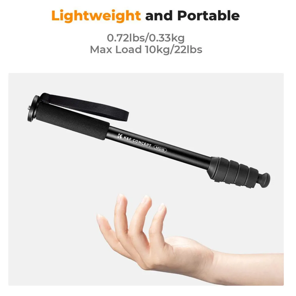 K&F Concept 63" / 160cm 5-Section Camera Monopod Stick with 10KG Maximum Load Capacity and 1/4" Attachment Thread for FUJIFILM Sony Canon Nikon Panasonic Lumix Olympus OM SYSTEM DJI Insta360 GoPro Mount Adapter | MS16