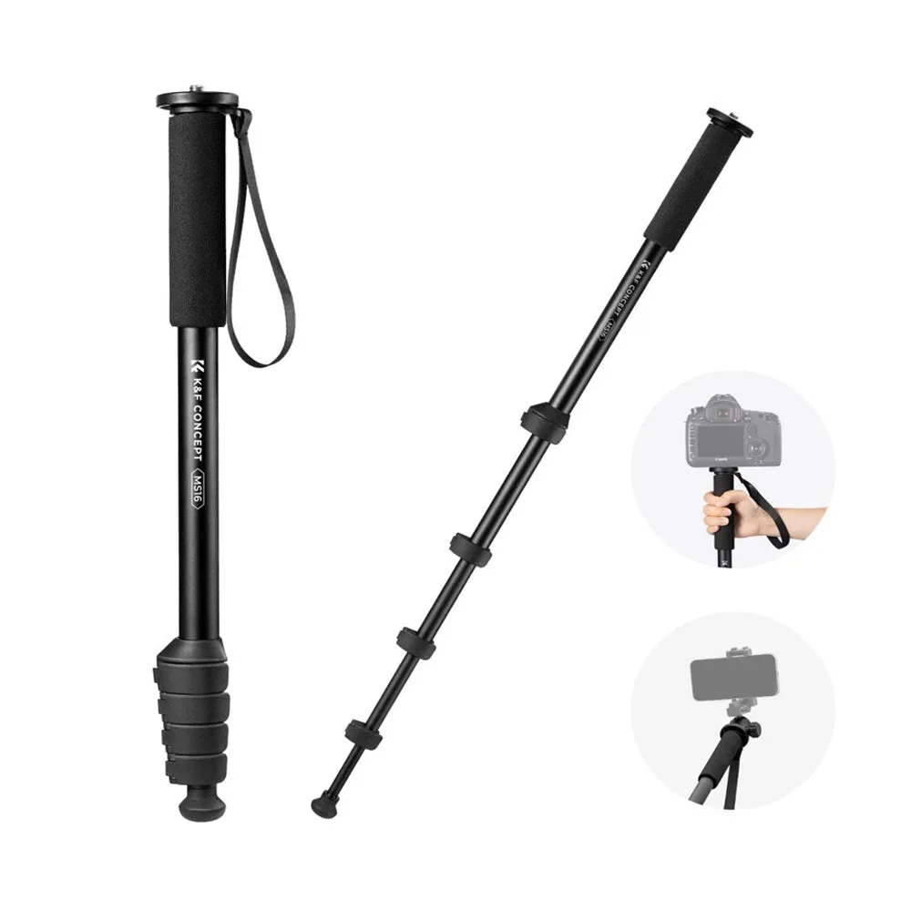 K&F Concept 63" / 160cm 5-Section Camera Monopod Stick with 10KG Maximum Load Capacity and 1/4" Attachment Thread for FUJIFILM Sony Canon Nikon Panasonic Lumix Olympus OM SYSTEM DJI Insta360 GoPro Mount Adapter | MS16