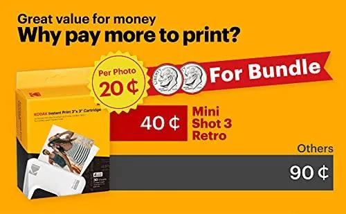 Kodak Mini Shot 3 Retro (60 Sheets) 3x3 2-in-1 Portable Wireless Instant Camera & Photo Printer, Compatible with iOS, Android & Bluetooth, Real Photo HD, 4PASS Technology & Laminated Finish – White