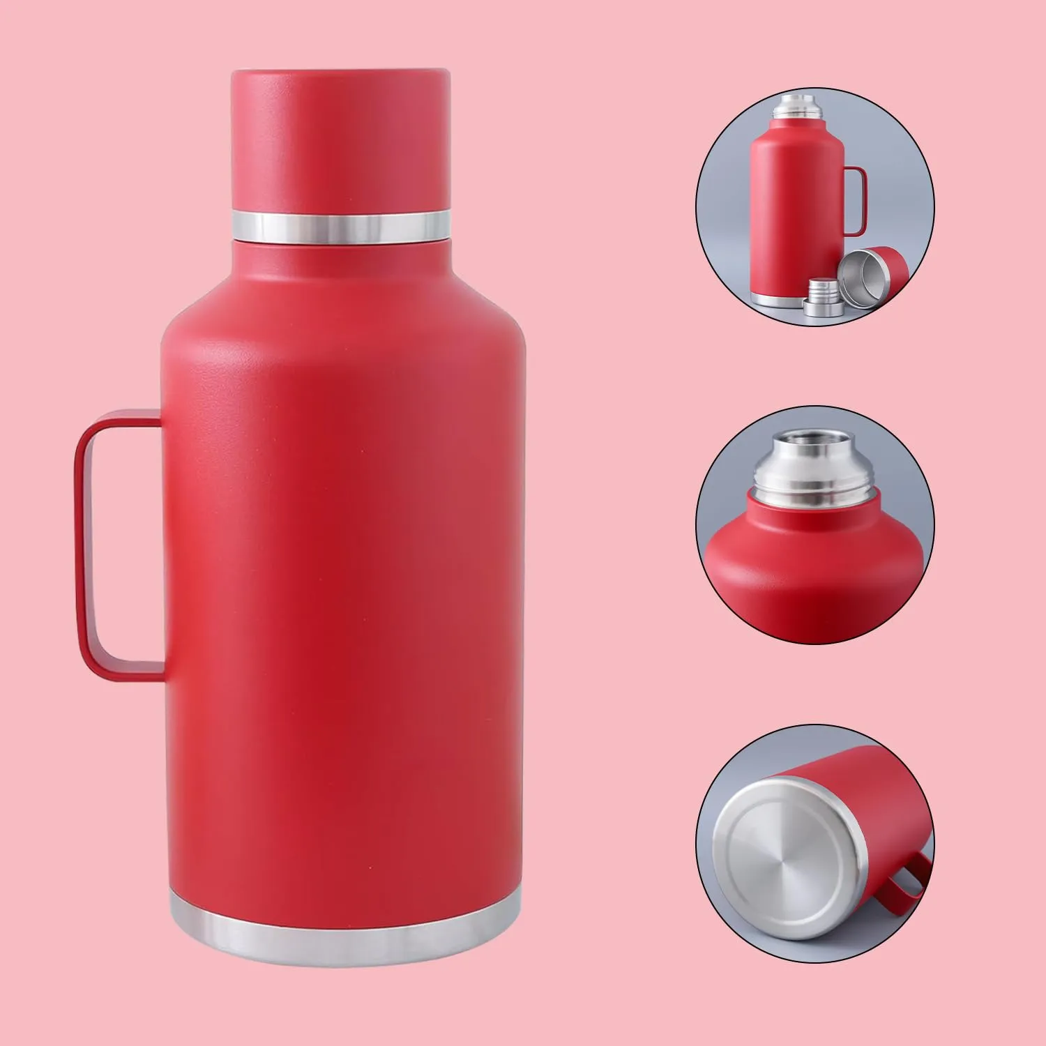 Kuber Industries Pack of 2 Vacuum Insulated Water Bottle | Stainless Steel Water Bottle with Handle | Hot & Cold Water Bottle | Leakproof, BPA Free, Rustproof | 2000 ML | Red