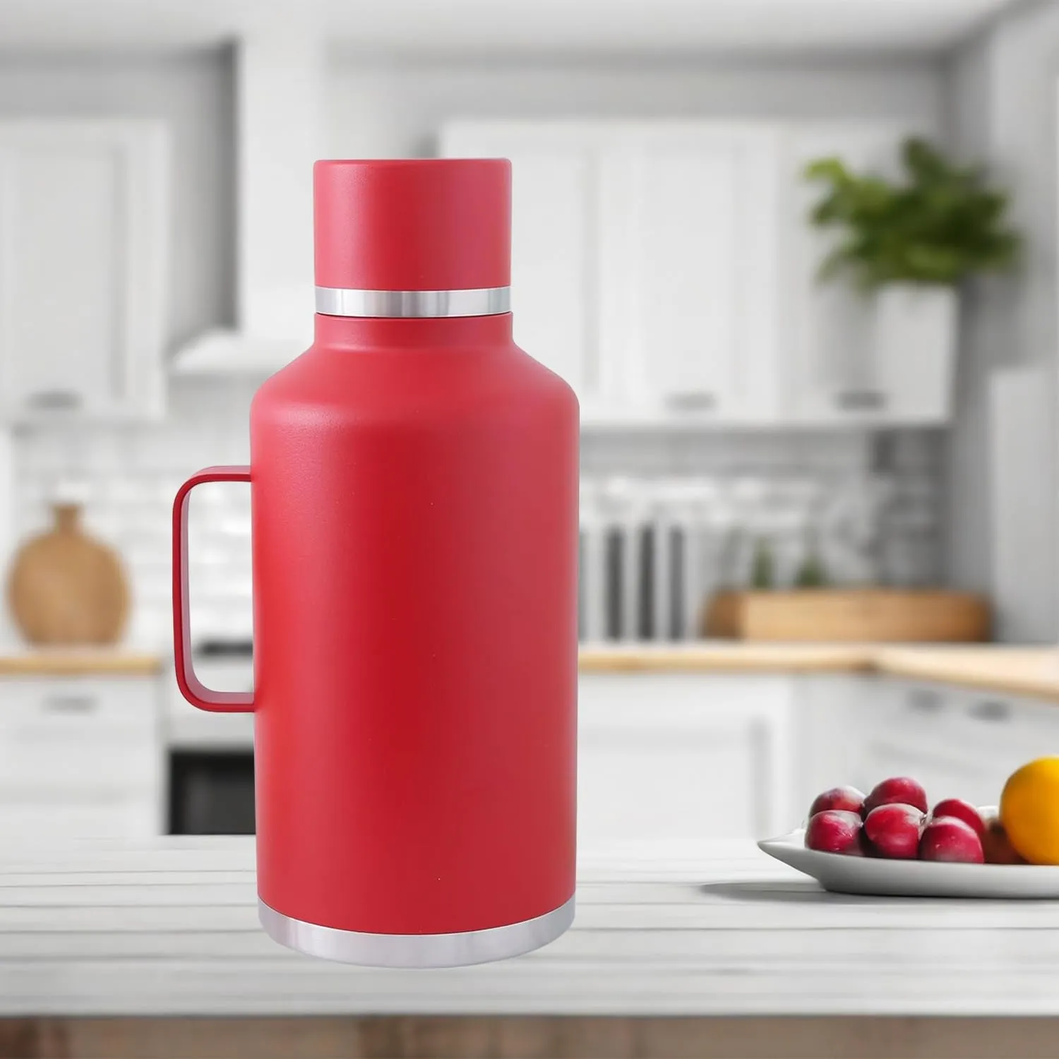 Kuber Industries Pack of 2 Vacuum Insulated Water Bottle | Stainless Steel Water Bottle with Handle | Hot & Cold Water Bottle | Leakproof, BPA Free, Rustproof | 2000 ML | Red
