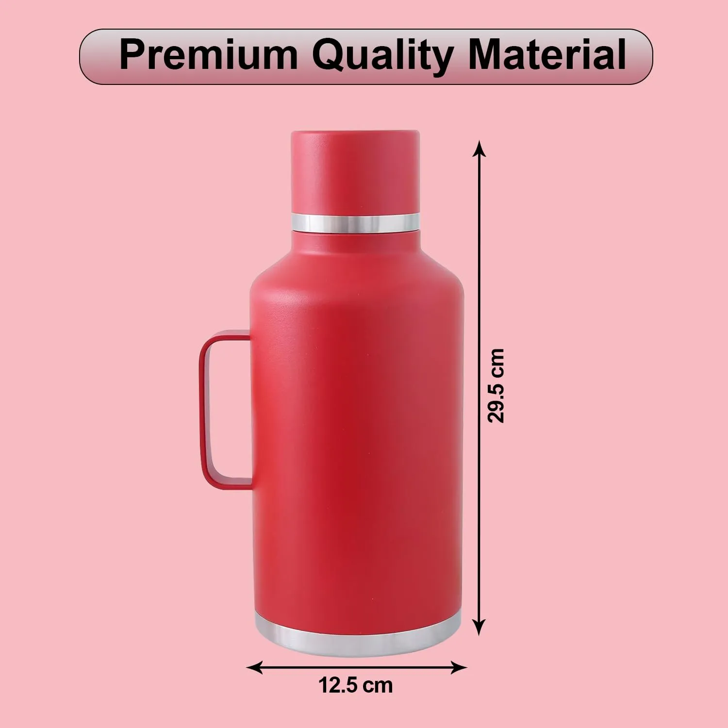 Kuber Industries Pack of 2 Vacuum Insulated Water Bottle | Stainless Steel Water Bottle with Handle | Hot & Cold Water Bottle | Leakproof, BPA Free, Rustproof | 2000 ML | Red