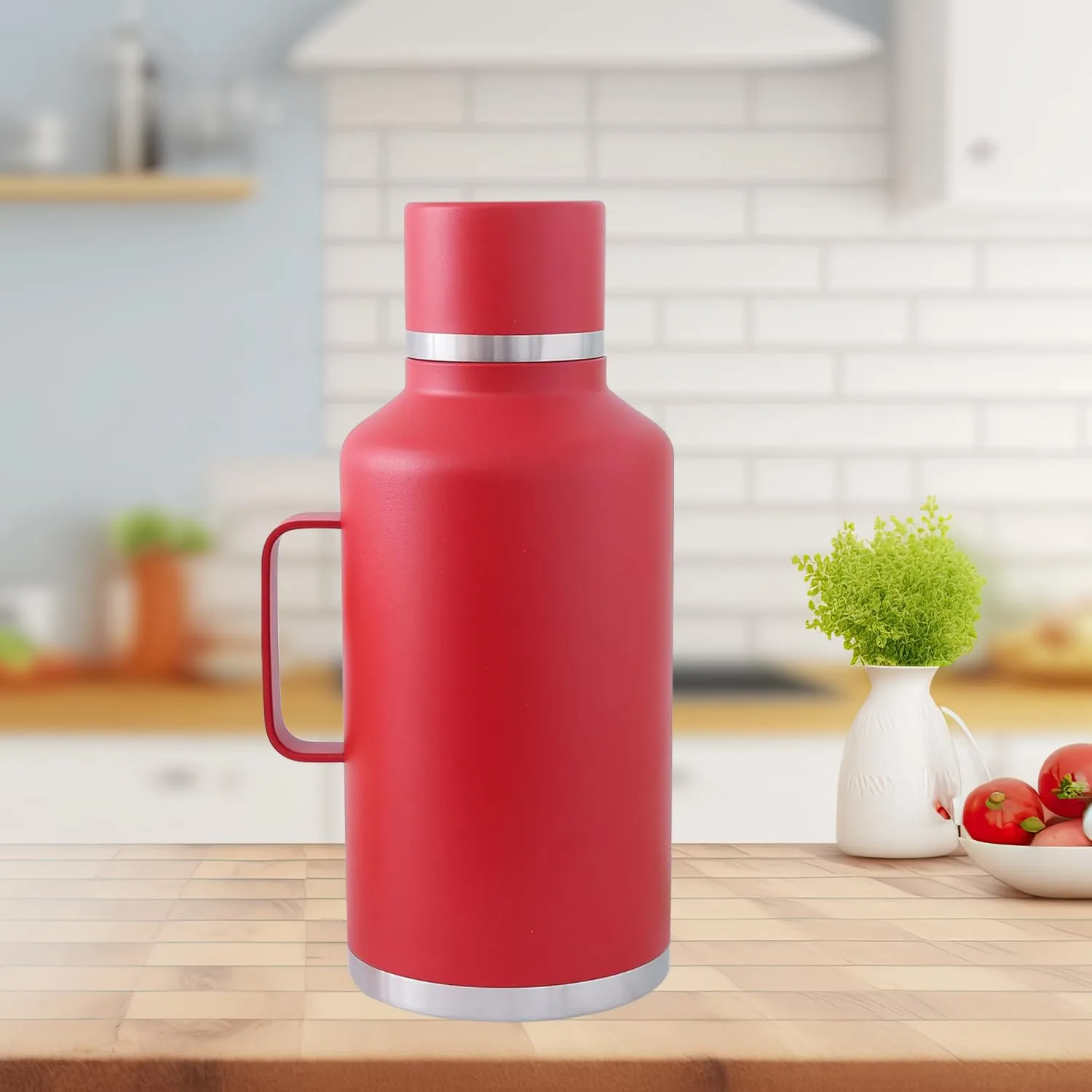 Kuber Industries Pack of 2 Vacuum Insulated Water Bottle | Stainless Steel Water Bottle with Handle | Hot & Cold Water Bottle | Leakproof, BPA Free, Rustproof | 2000 ML | Red