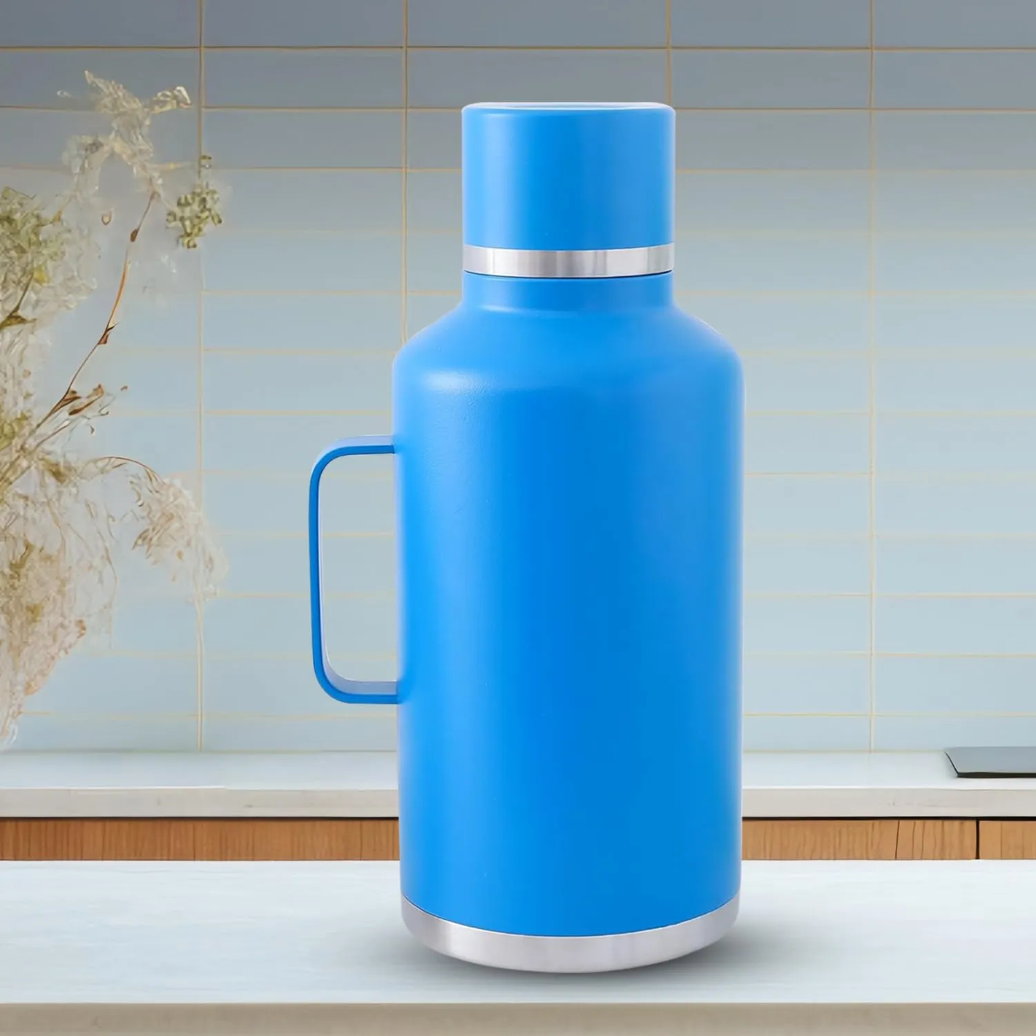 Kuber Industries Pack of 4 Vacuum Insulated Water Bottle | Stainless Steel Water Bottle with Handle | Hot & Cold Water Bottle | Leakproof, BPA Free, Rustproof | 2000 ML | Blue