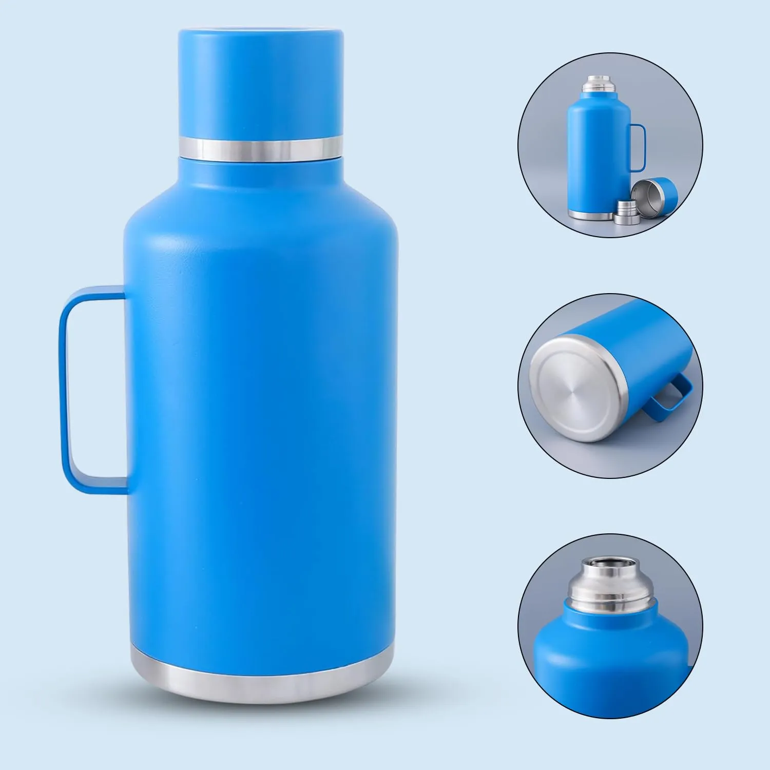 Kuber Industries Pack of 4 Vacuum Insulated Water Bottle | Stainless Steel Water Bottle with Handle | Hot & Cold Water Bottle | Leakproof, BPA Free, Rustproof | 2000 ML | Blue