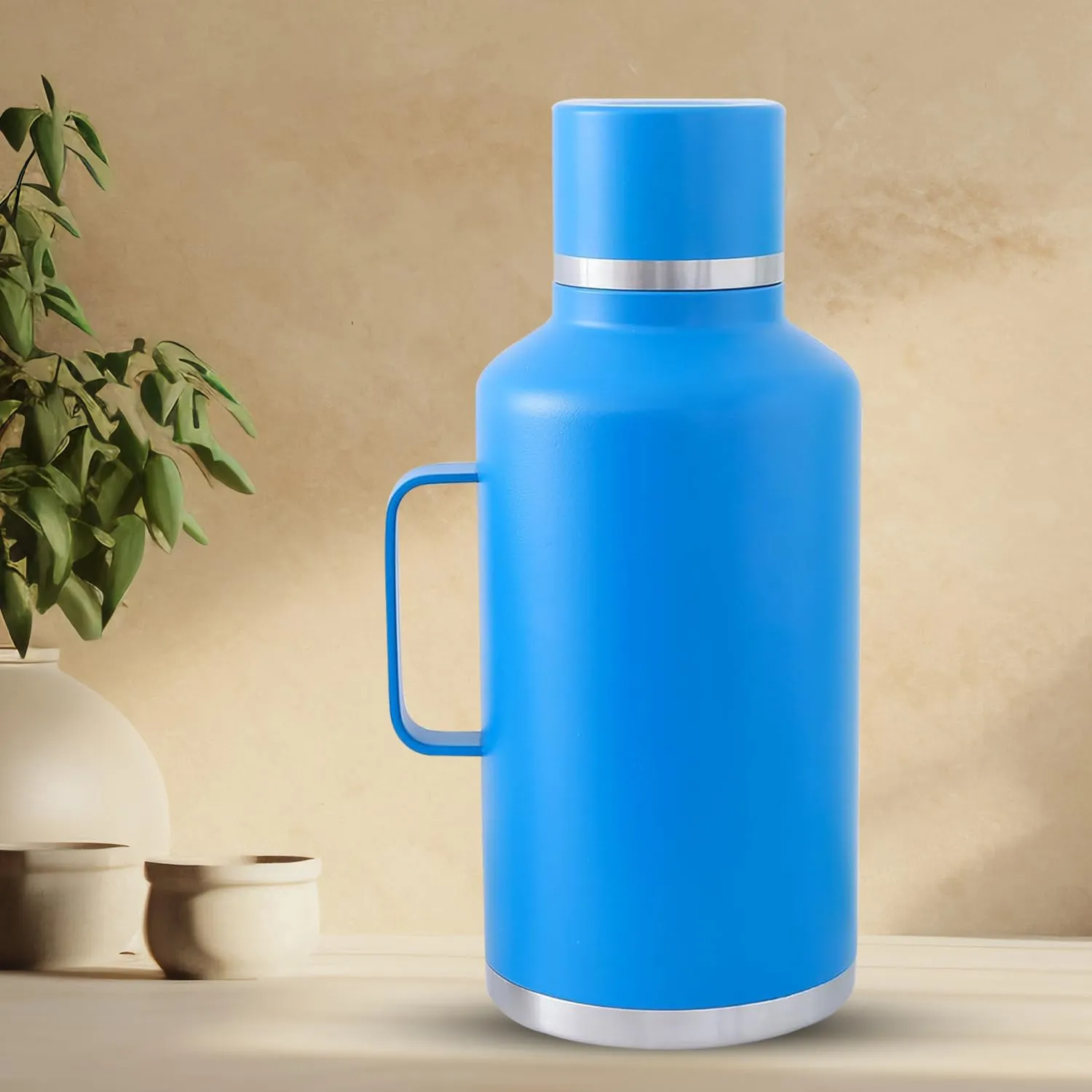 Kuber Industries Pack of 4 Vacuum Insulated Water Bottle | Stainless Steel Water Bottle with Handle | Hot & Cold Water Bottle | Leakproof, BPA Free, Rustproof | 2000 ML | Blue