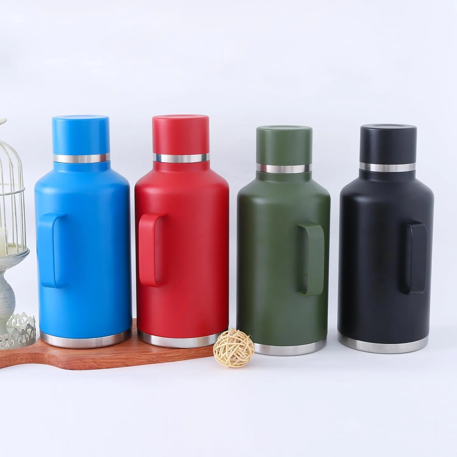 Kuber Industries Pack of 4 Vacuum Insulated Water Bottle | Stainless Steel Water Bottle with Handle | Hot & Cold Water Bottle | Leakproof, BPA Free, Rustproof | 2000 ML | Blue