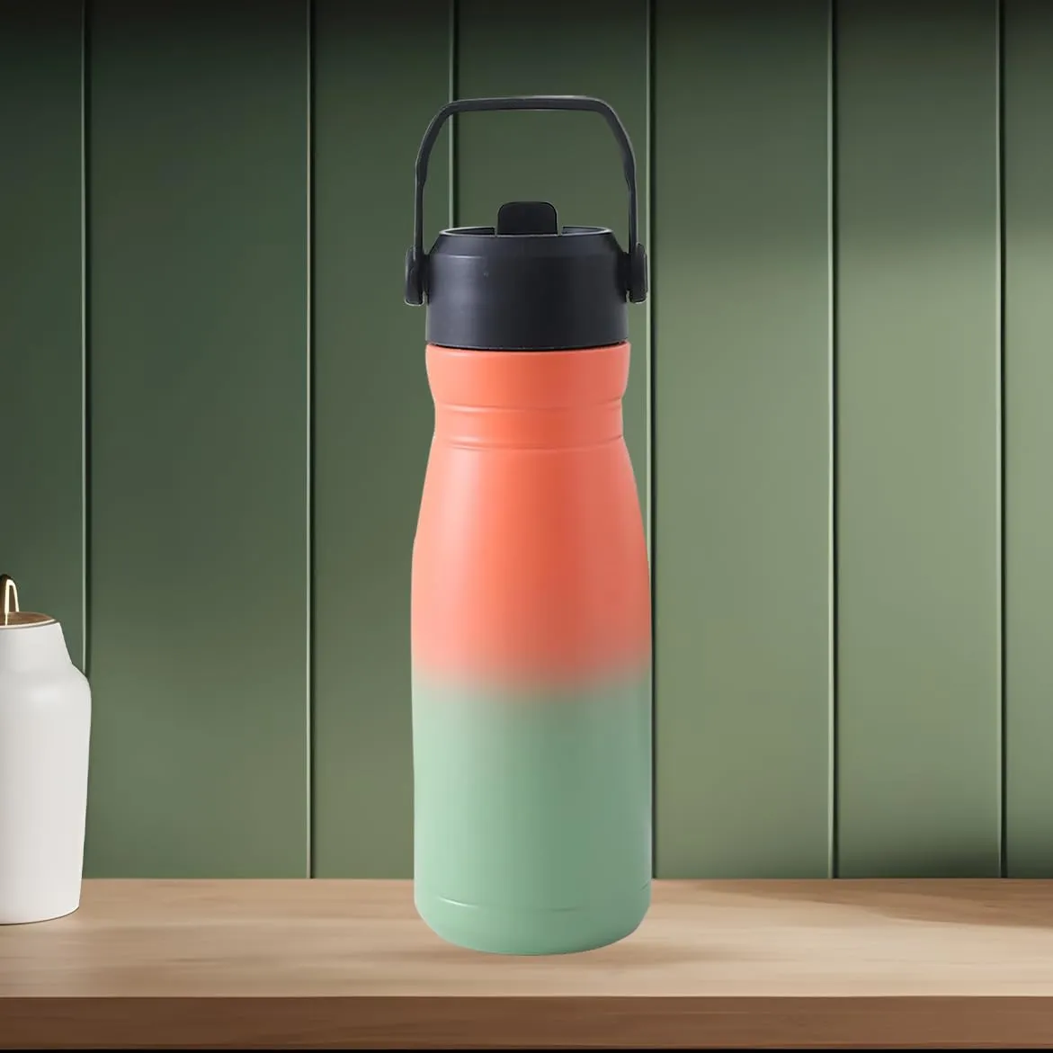 Kuber Industries Pack of 5 Vacuum Insulated Water Bottle | Stainless Steel Sipper Bottle with Handle | Hot & Cold Water Bottle | Leakproof, BPA Free, Rustproof | 780 ML | Orang & Green