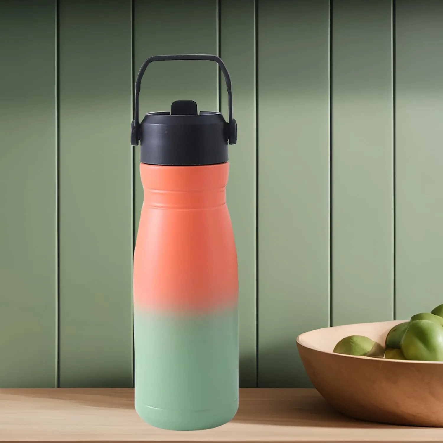 Kuber Industries Pack of 5 Vacuum Insulated Water Bottle | Stainless Steel Sipper Bottle with Handle | Hot & Cold Water Bottle | Leakproof, BPA Free, Rustproof | 780 ML | Orang & Green
