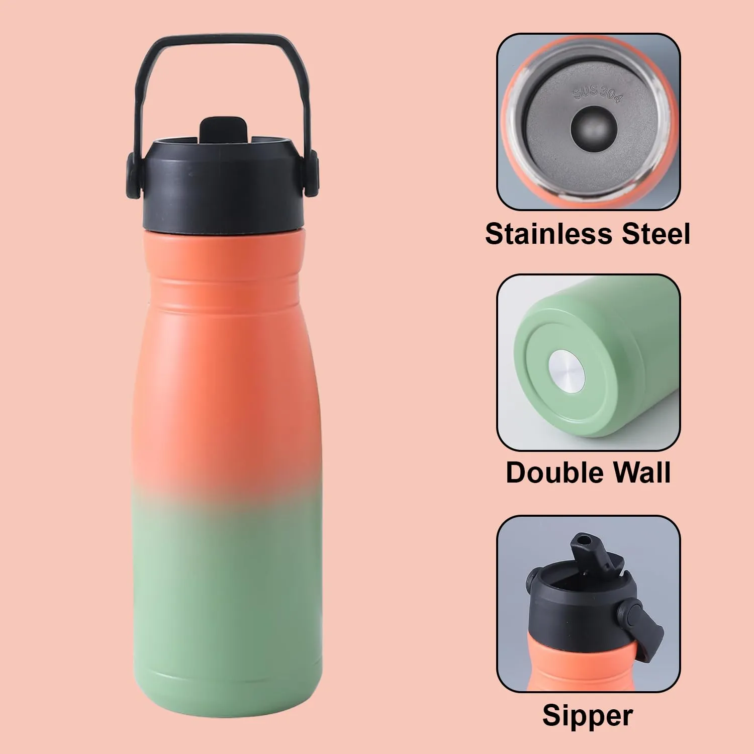 Kuber Industries Pack of 5 Vacuum Insulated Water Bottle | Stainless Steel Sipper Bottle with Handle | Hot & Cold Water Bottle | Leakproof, BPA Free, Rustproof | 780 ML | Orang & Green