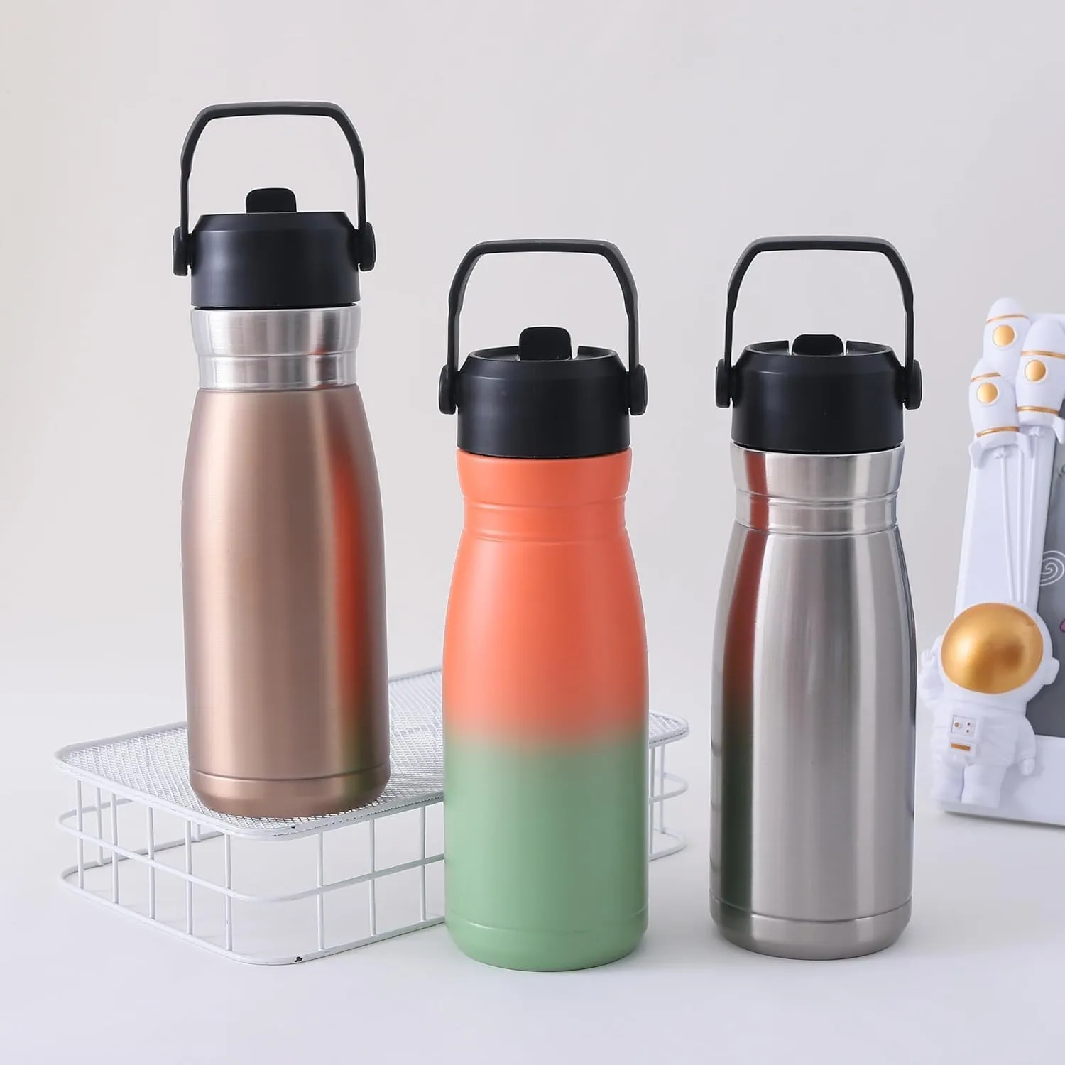Kuber Industries Pack of 5 Vacuum Insulated Water Bottle | Stainless Steel Sipper Bottle with Handle | Hot & Cold Water Bottle | Leakproof, BPA Free, Rustproof | 780 ML | Steel