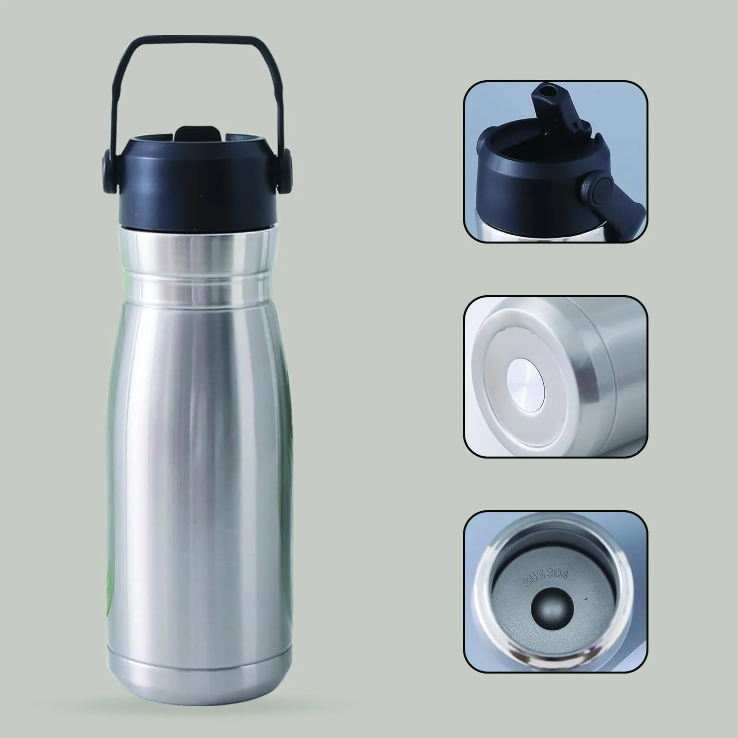 Kuber Industries Pack of 5 Vacuum Insulated Water Bottle | Stainless Steel Sipper Bottle with Handle | Hot & Cold Water Bottle | Leakproof, BPA Free, Rustproof | 780 ML | Steel