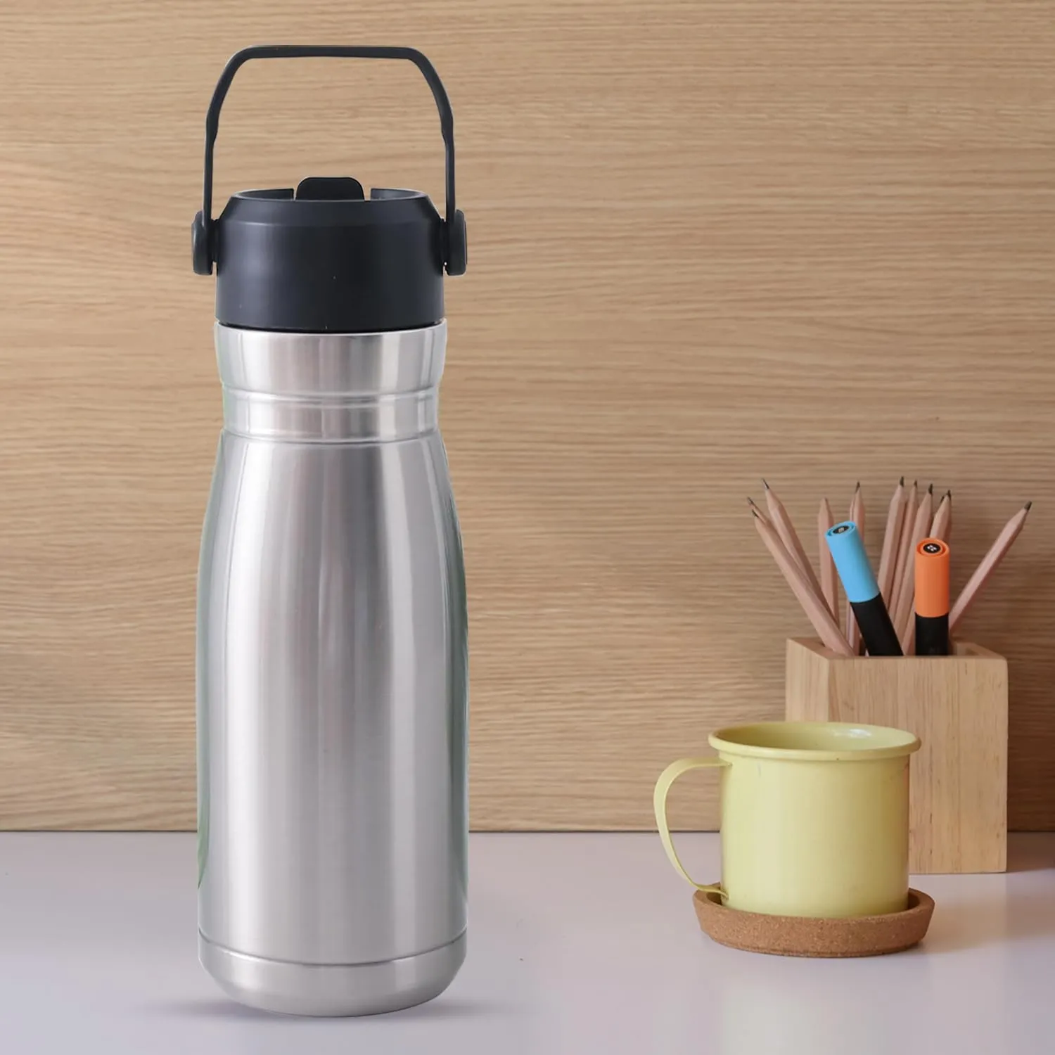 Kuber Industries Pack of 5 Vacuum Insulated Water Bottle | Stainless Steel Sipper Bottle with Handle | Hot & Cold Water Bottle | Leakproof, BPA Free, Rustproof | 780 ML | Steel